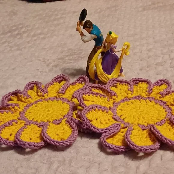 Hand Crafted Crochet Gold & Purple Flower Coasters, Set of 2 - Picture 3 of 3